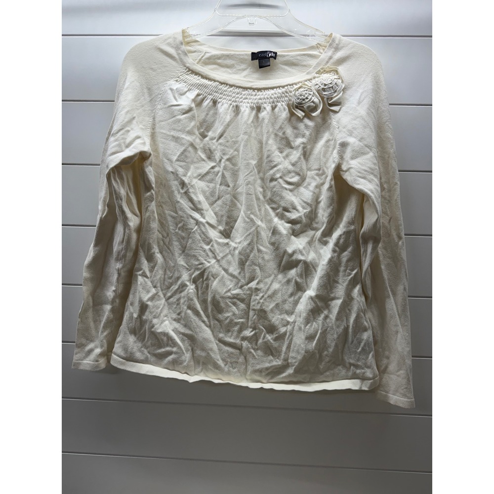 East 5th Cream Smocked Rosette Floral Long Sleeve Knit Sweater Womens Large